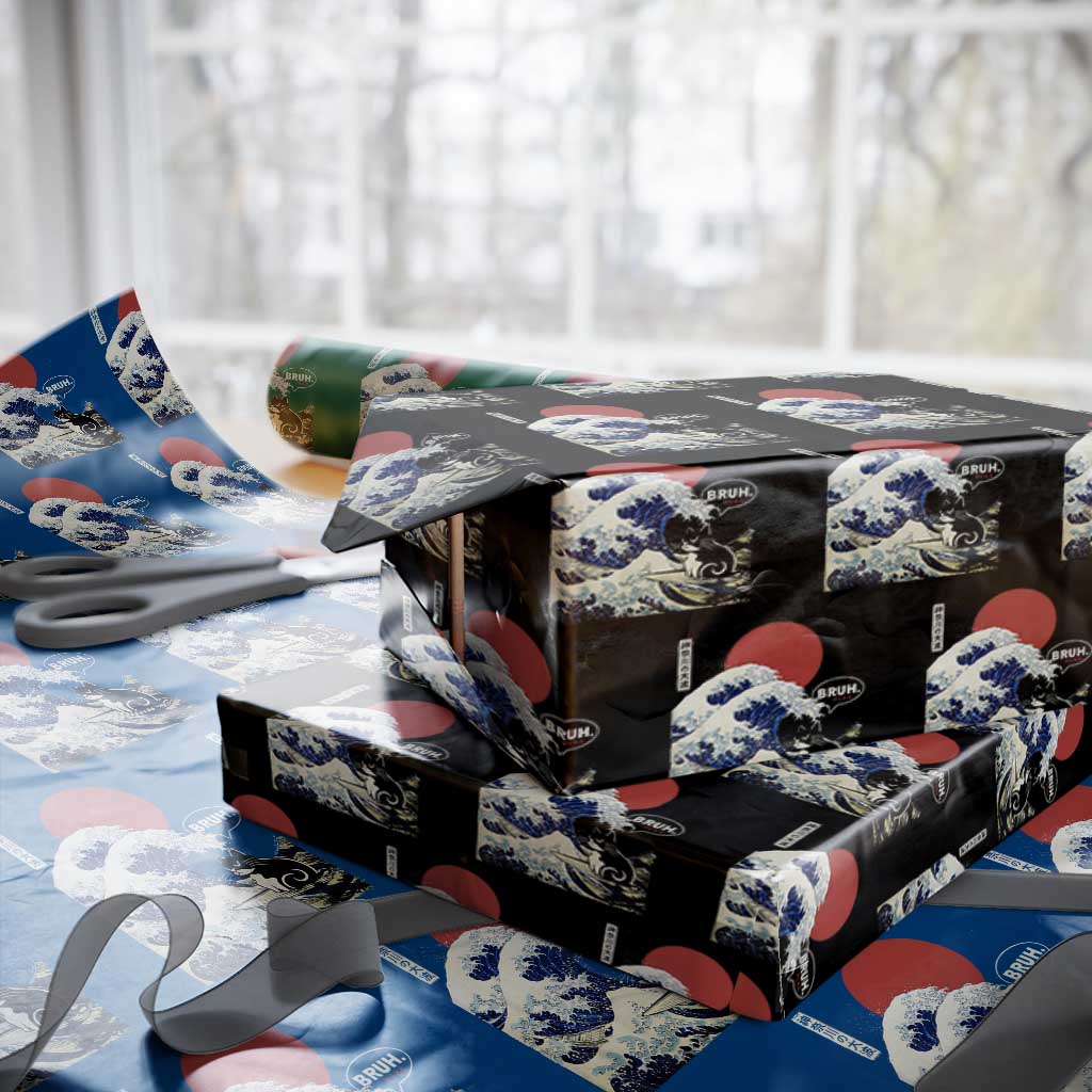 Japanese Kawaii Anime Cat Wrapping Paper Roll Funny Surfing Cat Bruh Retro The Great Wave Kanagawa TS10 Black Print Your Wear