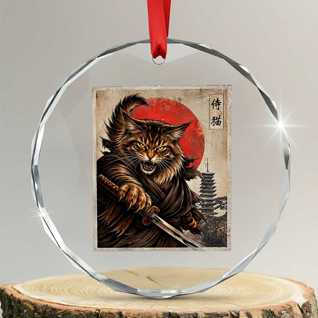 Japanese Maine Coon Samurai Warrior Crystal Glass Ornament Vintage Ukiyoe Cat TS12 Transparent Glass 3'' Circle Print Your Wear