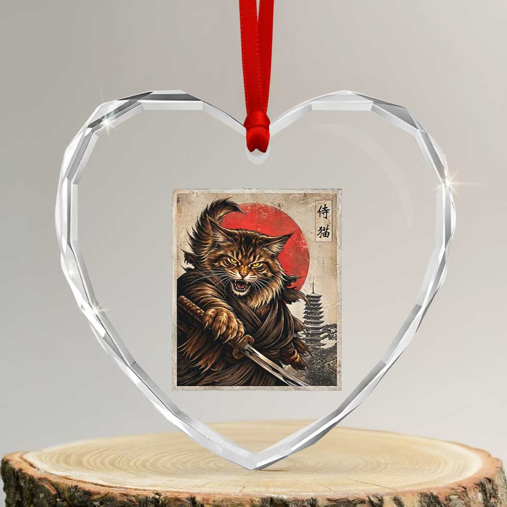 Japanese Maine Coon Samurai Warrior Heart Crystal Glass Ornament Vintage Ukiyoe Cat TS12 Transparent Glass 3'' Heart Print Your Wear