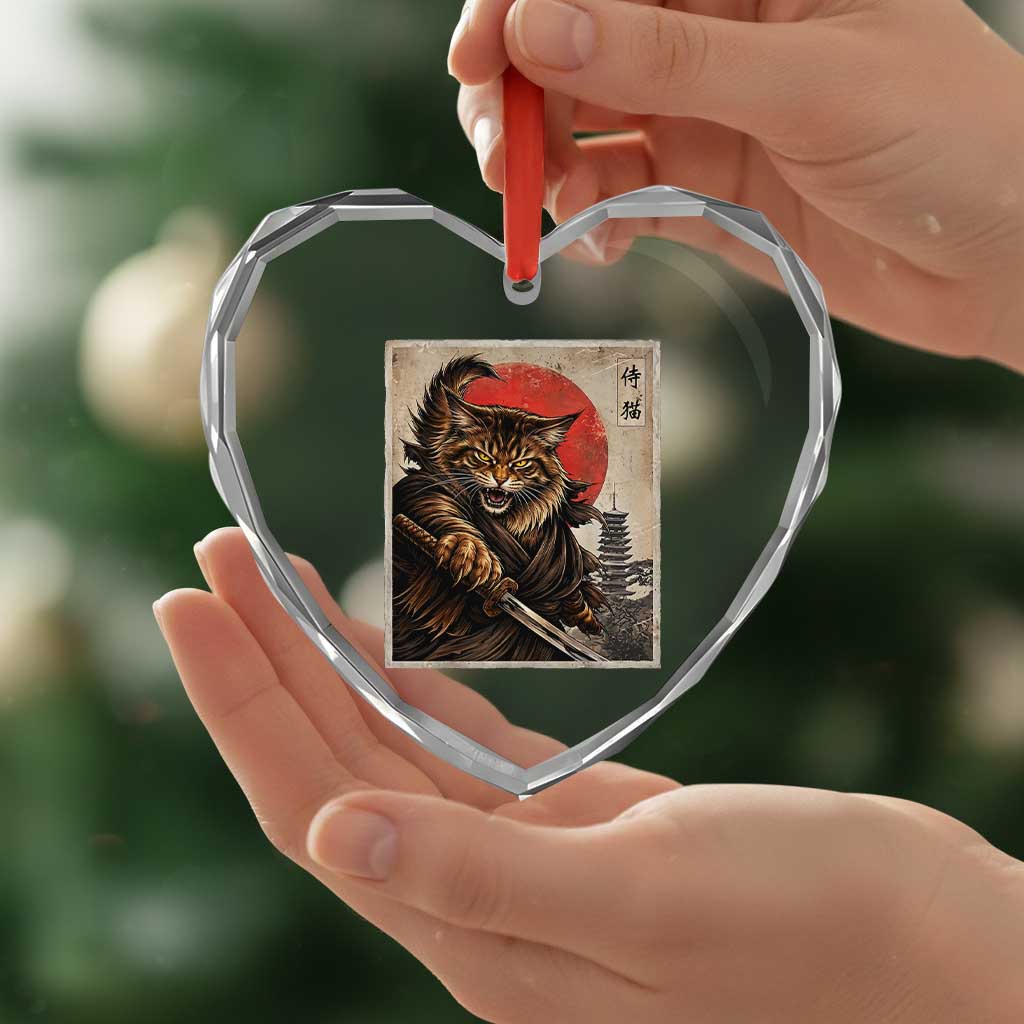 Japanese Maine Coon Samurai Warrior Heart Crystal Glass Ornament Vintage Ukiyoe Cat TS12 Print Your Wear