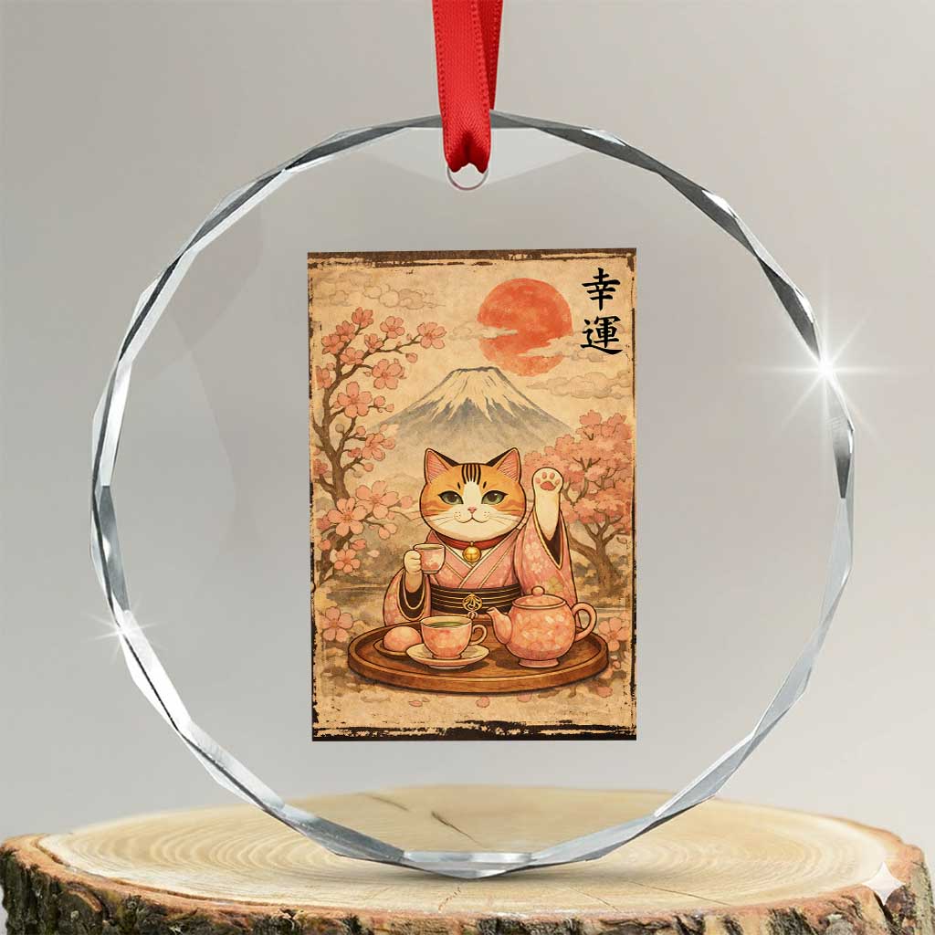 Japanese Maneki Neko Drinking Tea Kawaii Lucky Cat Crystal Glass Ornament TS12 Transparent Glass 3'' Circle Print Your Wear