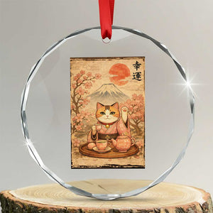 Japanese Maneki Neko Drinking Tea Kawaii Lucky Cat Crystal Glass Ornament TS12 Transparent Glass 3'' Circle Print Your Wear