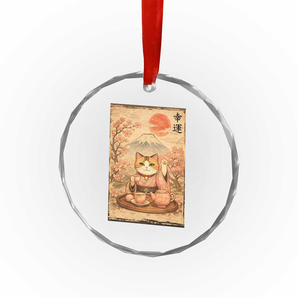 Japanese Maneki Neko Drinking Tea Kawaii Lucky Cat Crystal Glass Ornament TS12 Print Your Wear