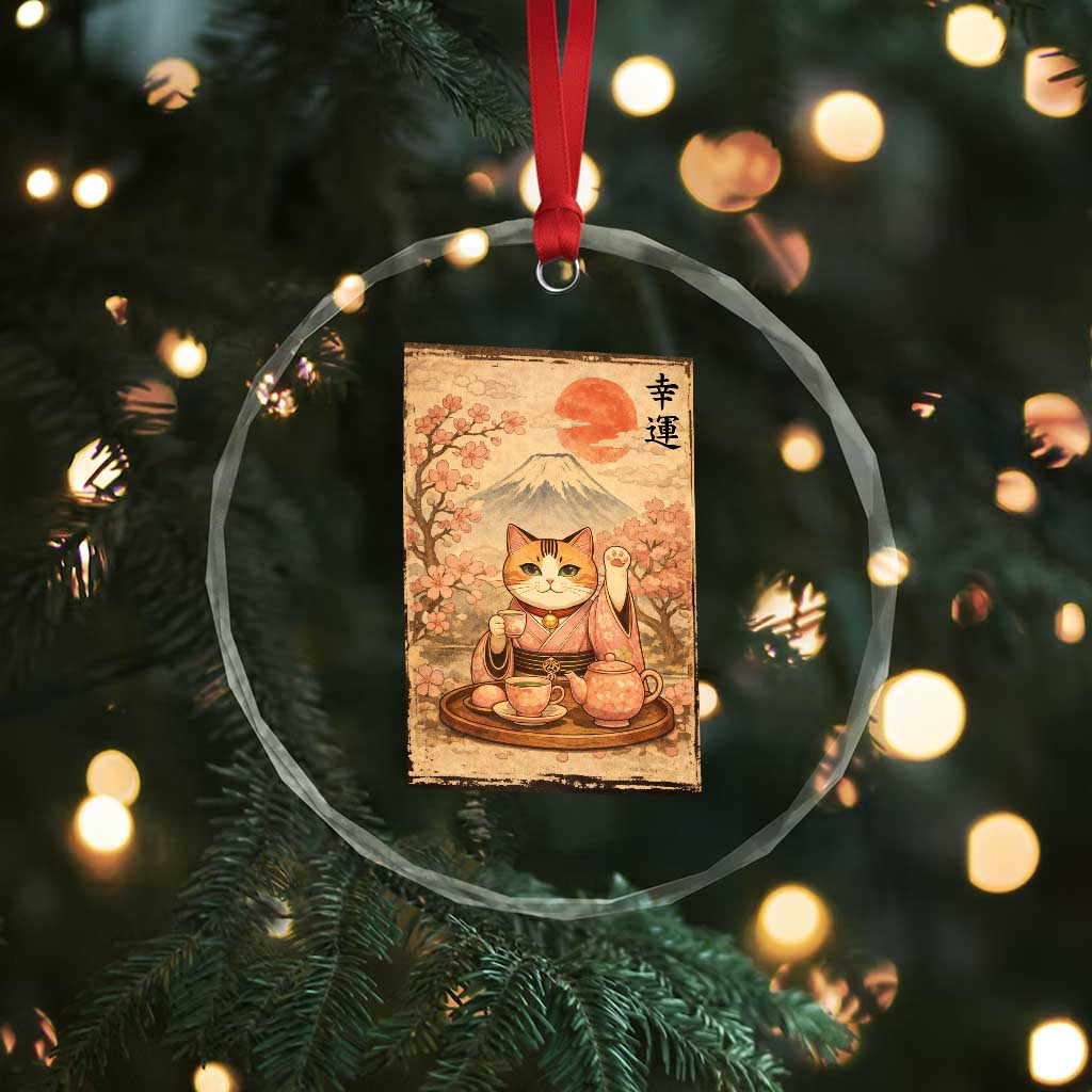 Japanese Maneki Neko Drinking Tea Kawaii Lucky Cat Crystal Glass Ornament TS12 Print Your Wear