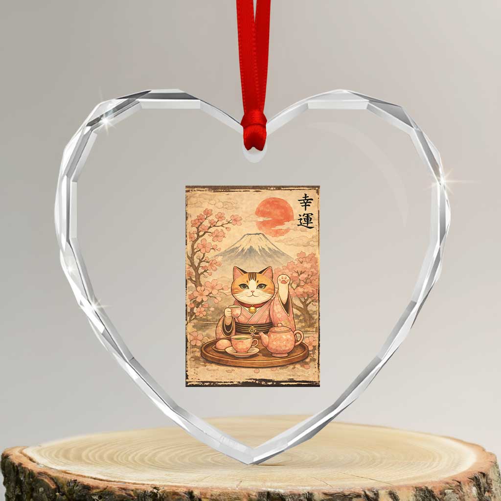 Japanese Maneki Neko Drinking Tea Kawaii Lucky Cat Heart Crystal Glass Ornament TS12 Transparent Glass 3'' Heart Print Your Wear