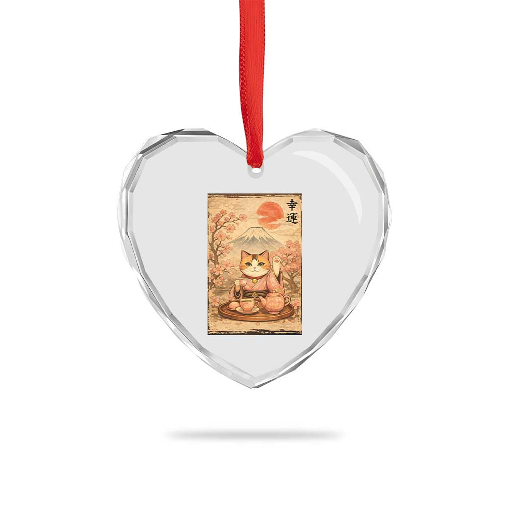 Japanese Maneki Neko Drinking Tea Kawaii Lucky Cat Heart Crystal Glass Ornament TS12 Print Your Wear