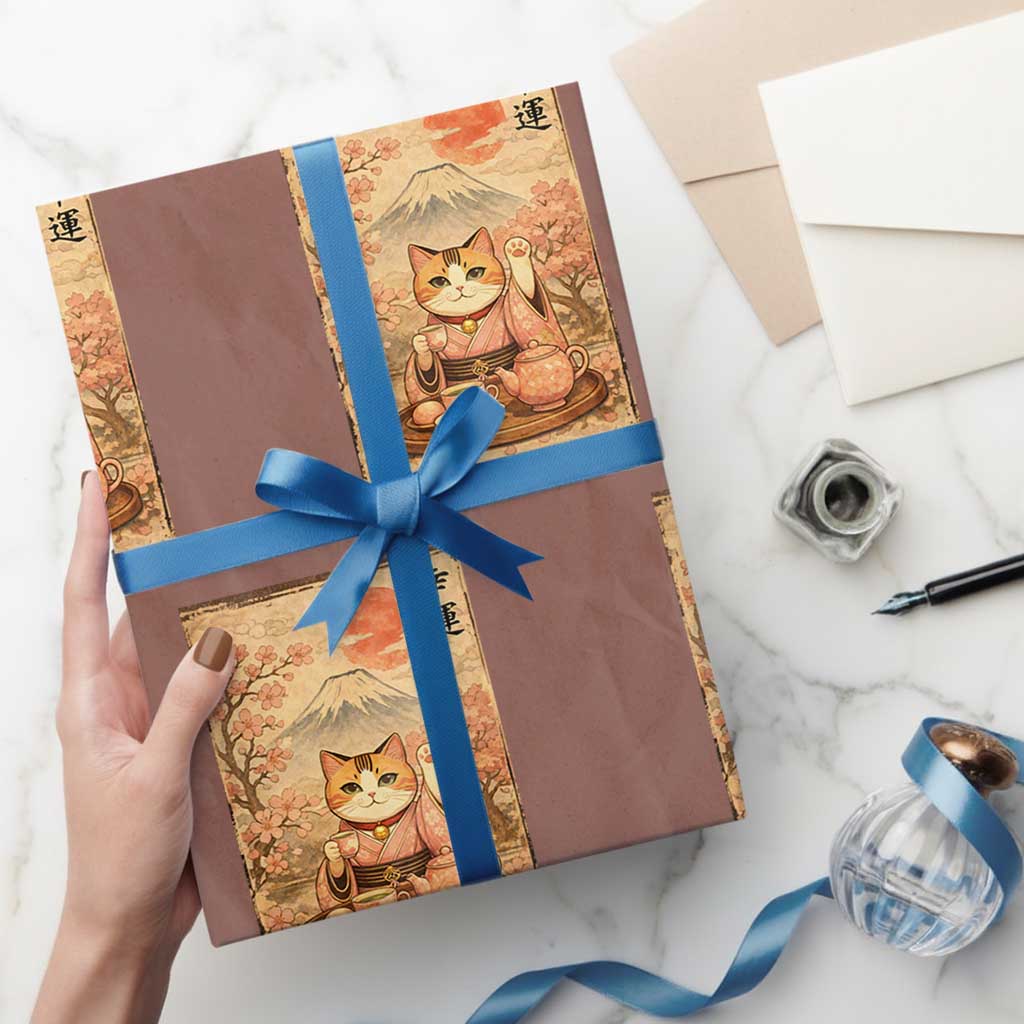 Japanese Maneki Neko Drinking Tea Kawaii Lucky Cat Wrapping Paper Roll TS12 Mocha Print Your Wear