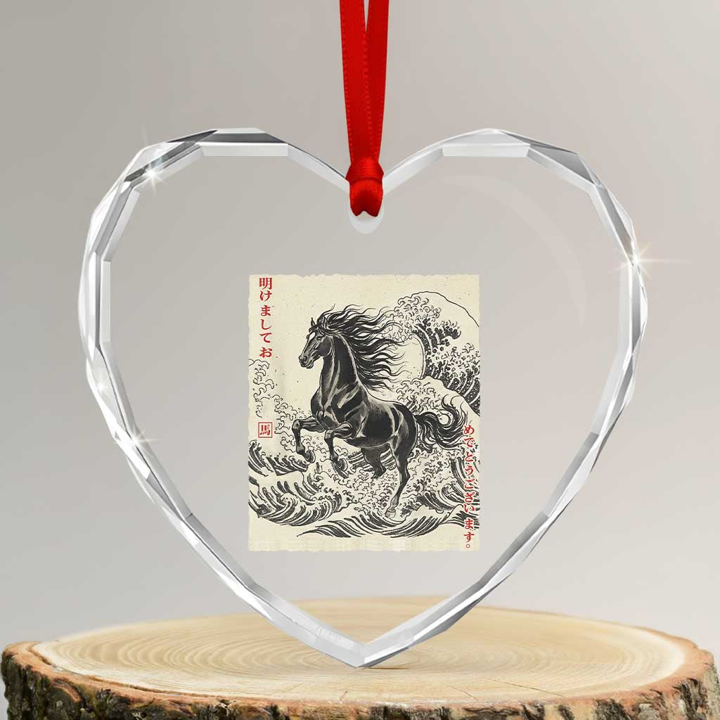 Japanese New Year 2026 Heart Crystal Glass Ornament Year Of The Horse Tsunami Ukiyo e Art TS11 Transparent Glass 3'' Heart Print Your Wear