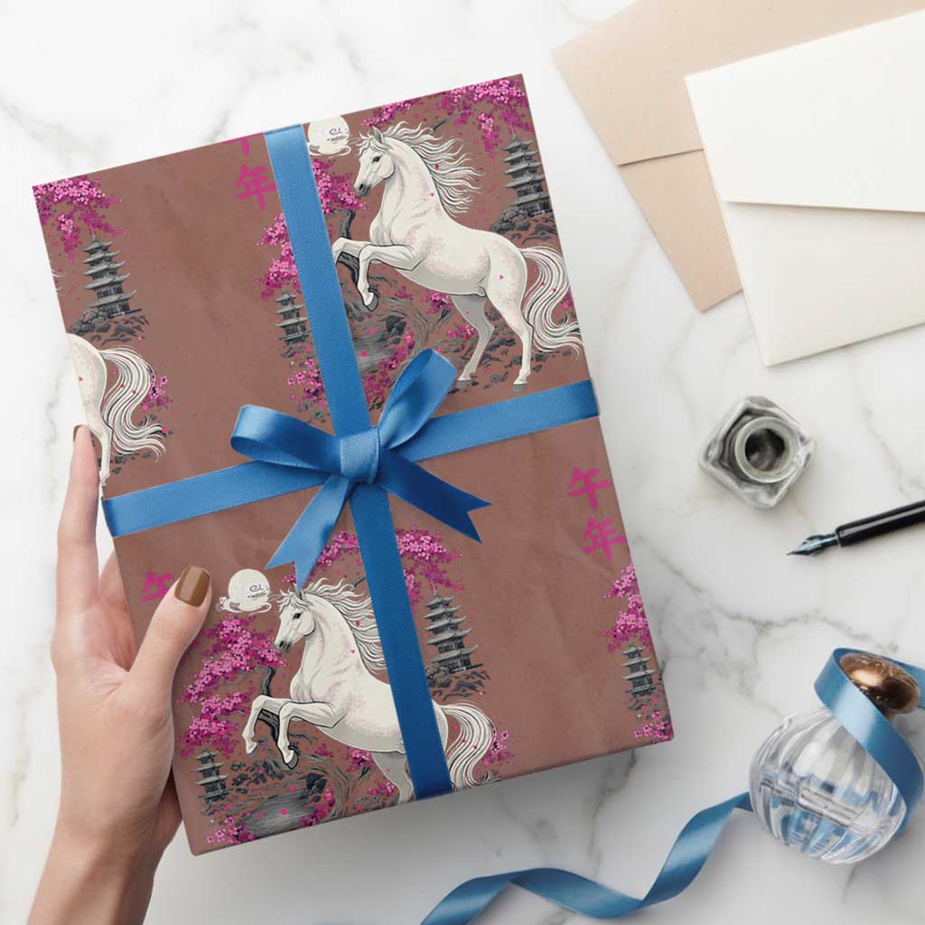 Japanese New Year 2026 Wrapping Paper Roll Year Of The Horse Sakura Cherry Blossom Shrine TS11 Mocha Print Your Wear
