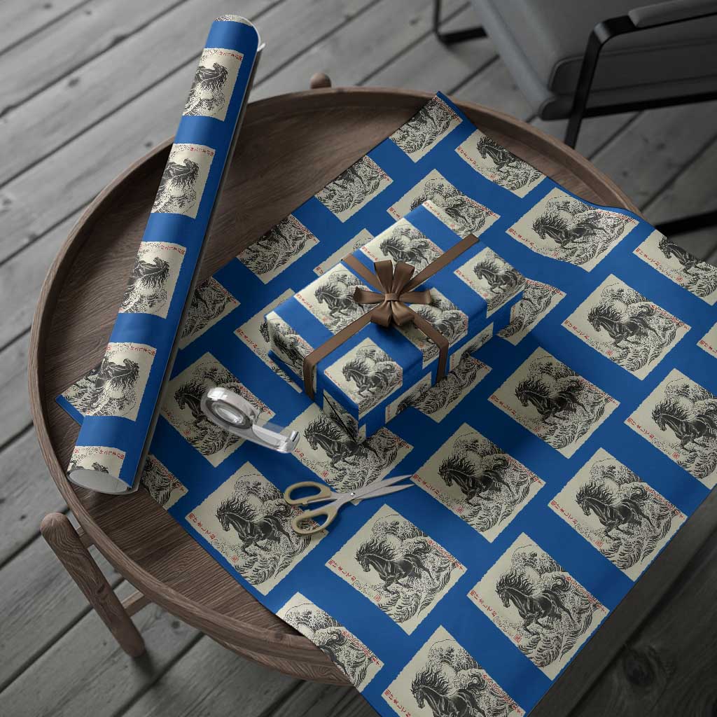 Japanese New Year 2026 Wrapping Paper Roll Year Of The Horse Tsunami Ukiyo e Art TS11 Blue Print Your Wear