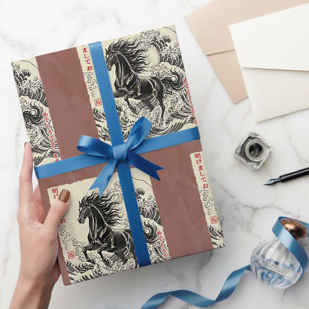 Japanese New Year 2026 Wrapping Paper Roll Year Of The Horse Tsunami Ukiyo e Art TS11 Mocha Print Your Wear