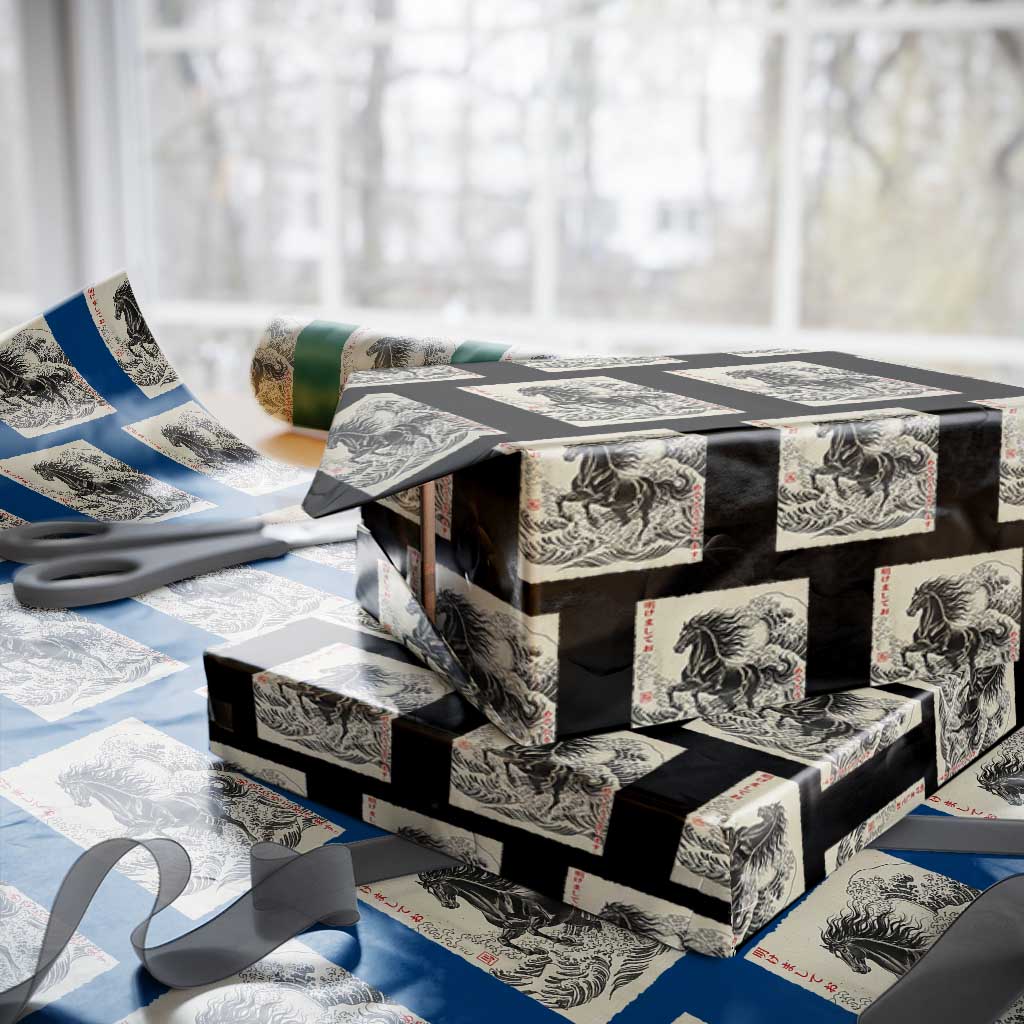 Japanese New Year 2026 Wrapping Paper Roll Year Of The Horse Tsunami Ukiyo e Art TS11 Black Print Your Wear