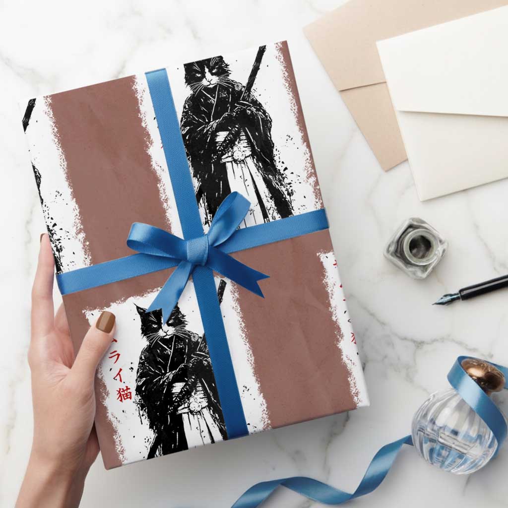 Japanese Samurai Cat Wrapping Paper Roll Retro Vintage Ukiyo-e Warrior Art Graphic TS02 Mocha Print Your Wear