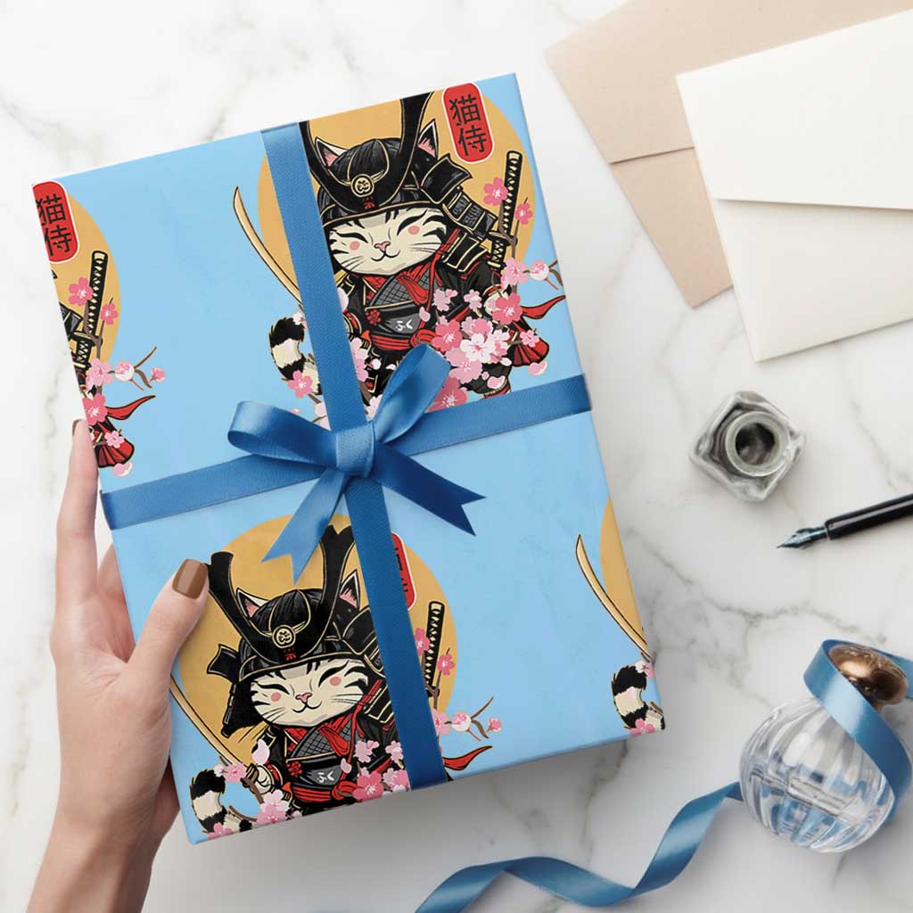 Japanese Samurai Cat Wrapping Paper Roll Ancient Ninja Kitten Warrior Tattoo Kawaii Otaku Retro TS02 Light Blue Print Your Wear