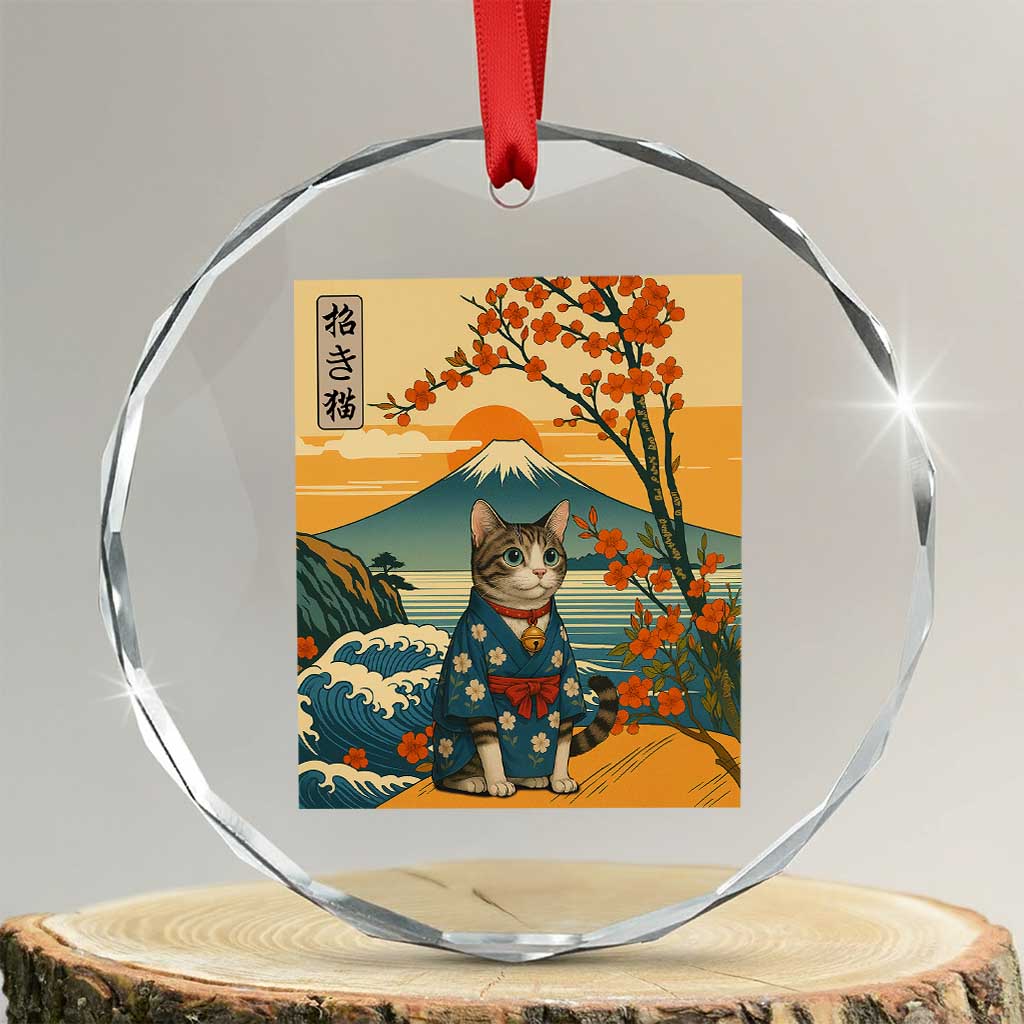 Japanese Ukiyo E Cat Kimono Crystal Glass Ornament Mount Fuji Cherry Blossom Vintage Gift TS12 Transparent Glass 3'' Circle Print Your Wear