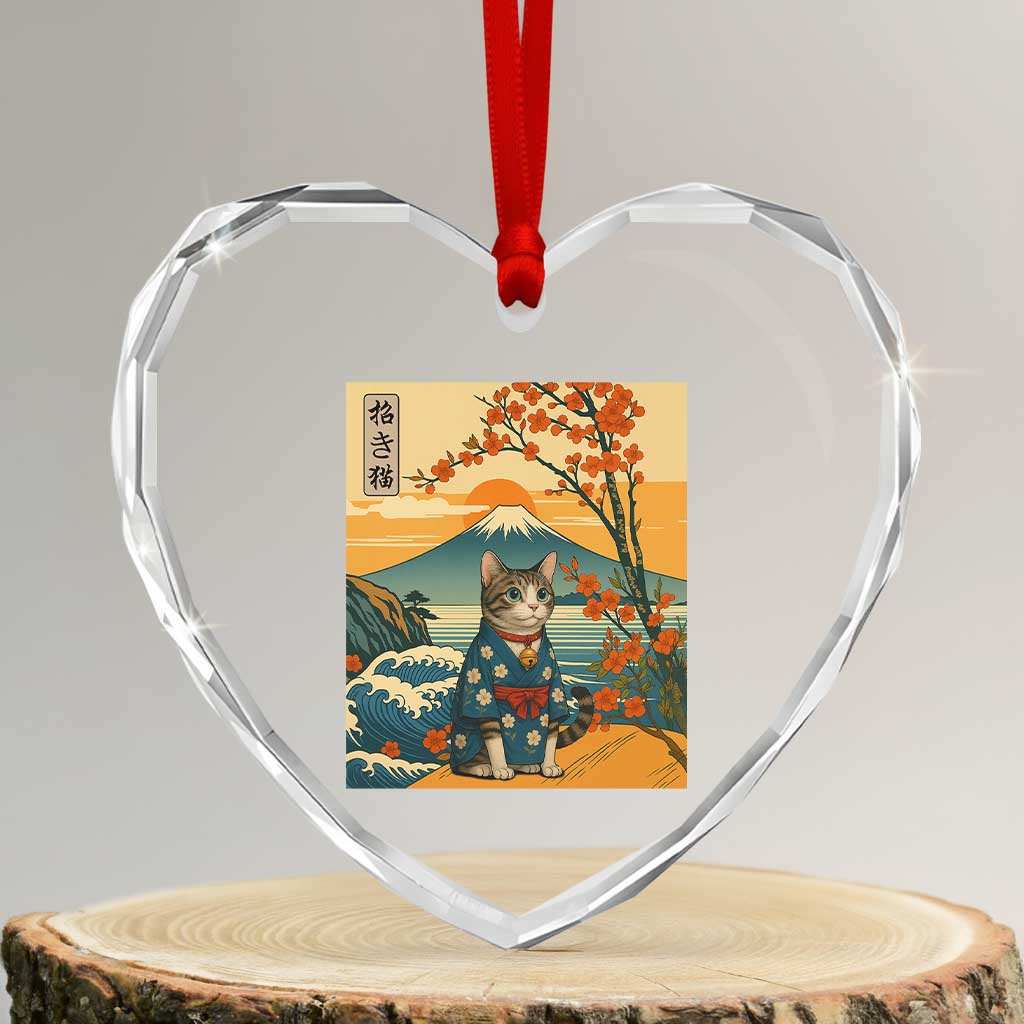 Japanese Ukiyo E Cat Kimono Heart Crystal Glass Ornament Mount Fuji Cherry Blossom Vintage Gift TS12 Transparent Glass 3'' Heart Print Your Wear