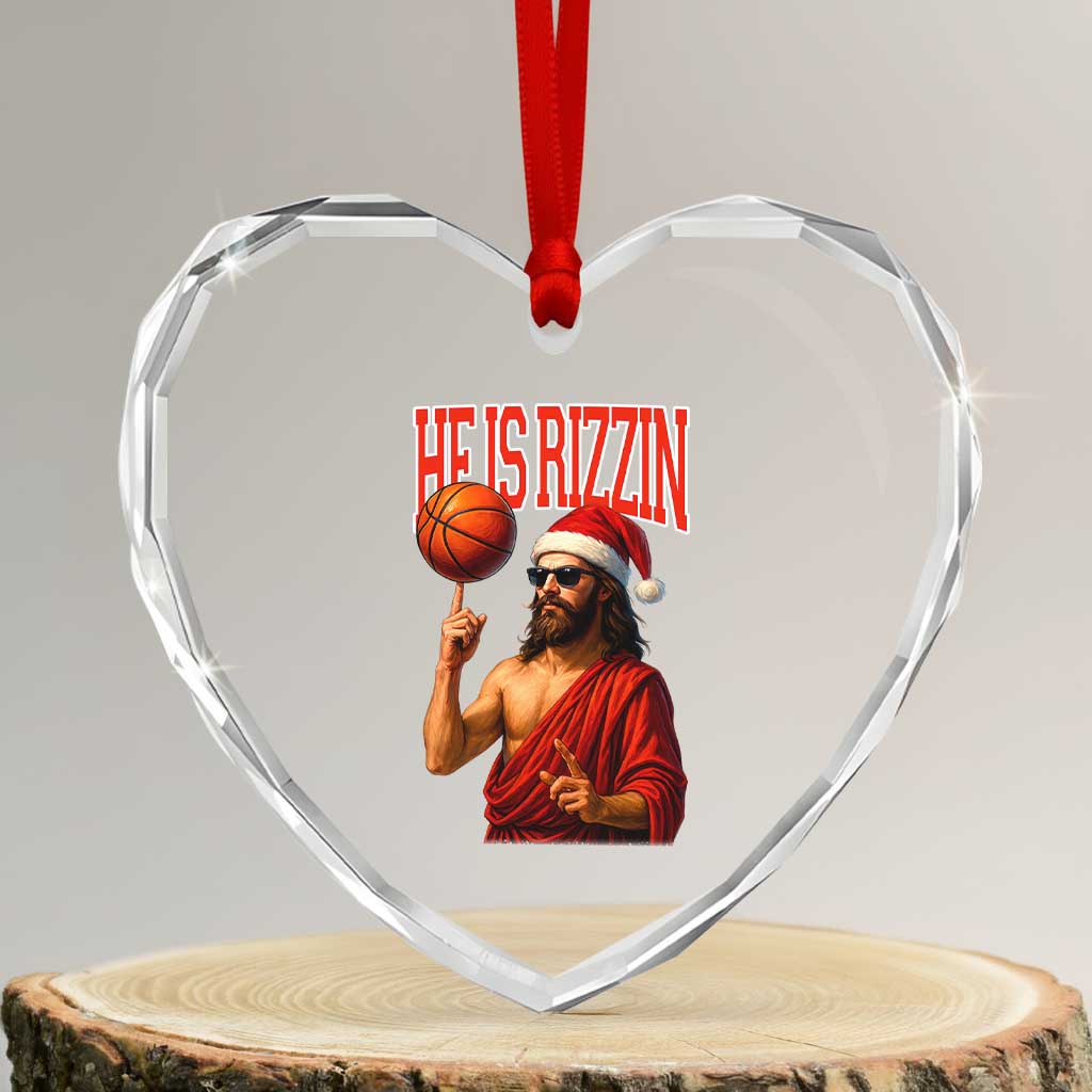 Jesus Basketball Christmas Heart Crystal Glass Ornament He Is Rizzin TS14 Transparent Glass 3'' Heart Print Your Wear