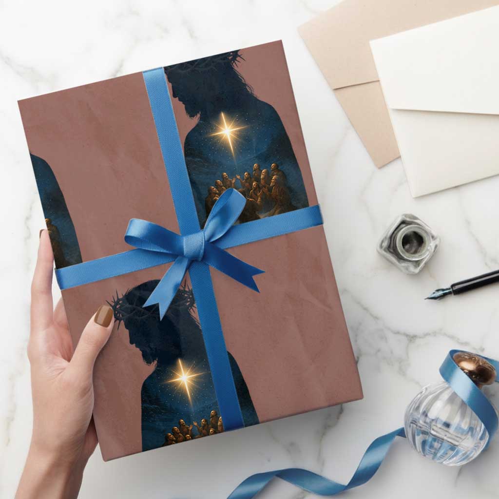 Jesus Christian Xmas Wrapping Paper Roll Christian Saints Praying Under The Star of Bethlehem TS14 Mocha Print Your Wear