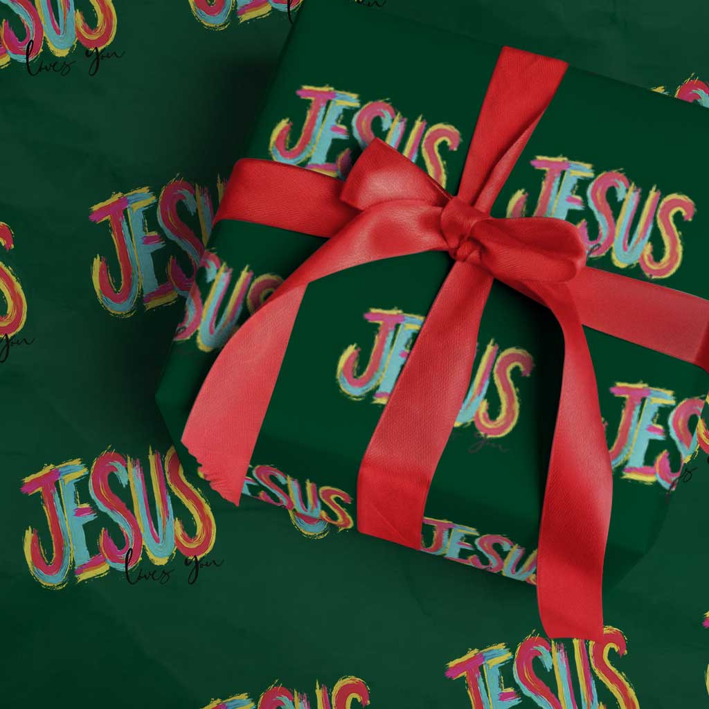 Jesus Loves You Colorful Brush Stroke Christian Wrapping Paper Roll Faith Inspirational Religious Gift for Believers TS02 Green Print Your Wear
