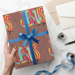 Jesus Loves You Colorful Brush Stroke Christian Wrapping Paper Roll Faith Inspirational Religious Gift for Believers TS02 Mocha Print Your Wear