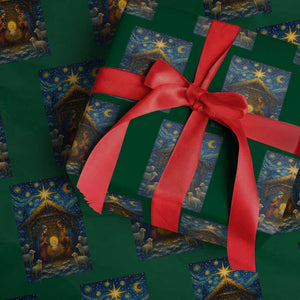 Jesus Xmas Wrapping Paper Roll Starry Night Nativity Scene Xmas TS14 Green Print Your Wear