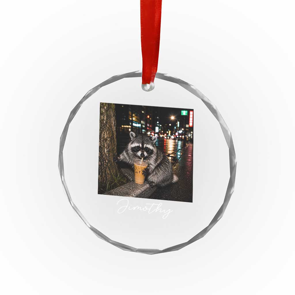 Jimothy Raccoon Drinking Iced Coffee Night City Aesthetic Crystal Glass Ornament