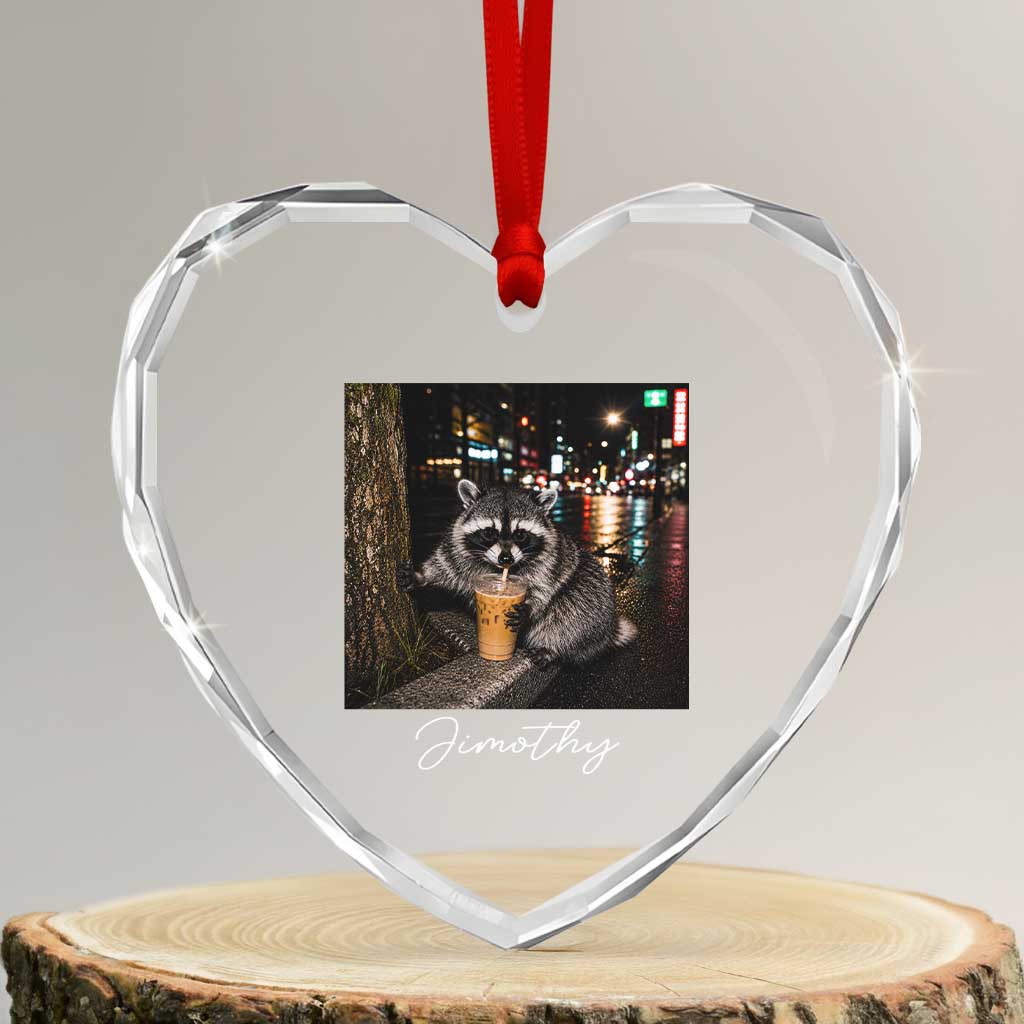 Jimothy Raccoon Drinking Iced Coffee Night City Aesthetic Heart Crystal Glass Ornament TS10 Transparent Glass 3'' Heart Print Your Wear