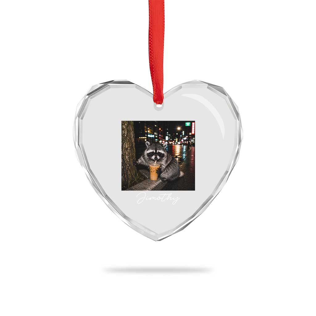 Jimothy Raccoon Drinking Iced Coffee Night City Aesthetic Heart Crystal Glass Ornament