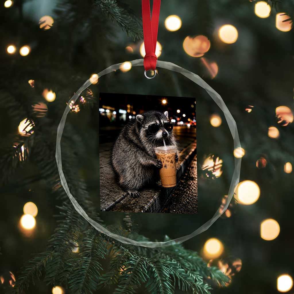 Jimothy Raccoon Seattle Drinking Iced Coffee Meme Crystal Glass Ornament Viral Trash Panda Seattle Animal Meme