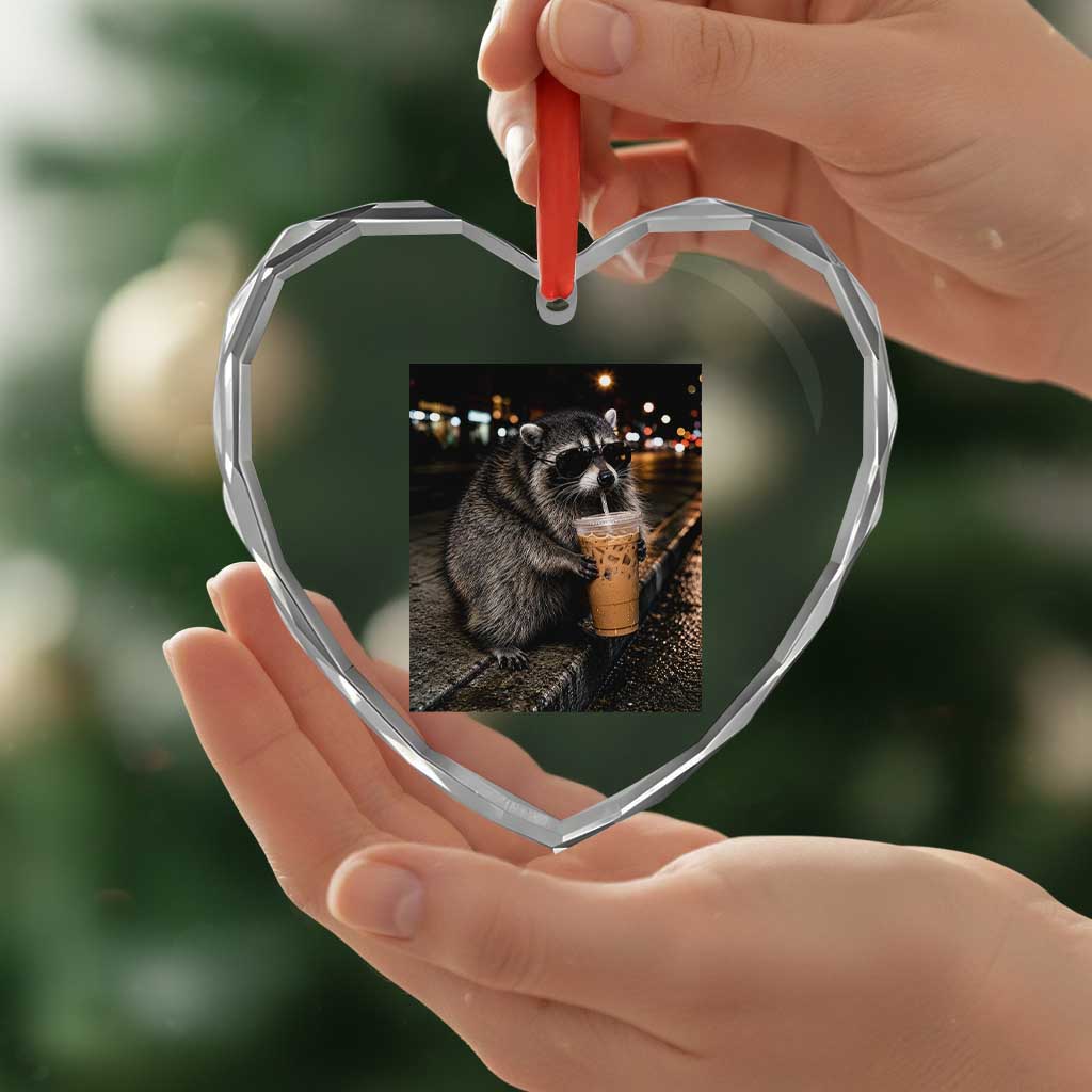 Jimothy Raccoon Seattle Drinking Iced Coffee Meme Heart Crystal Glass Ornament Viral Trash Panda Seattle Animal Meme