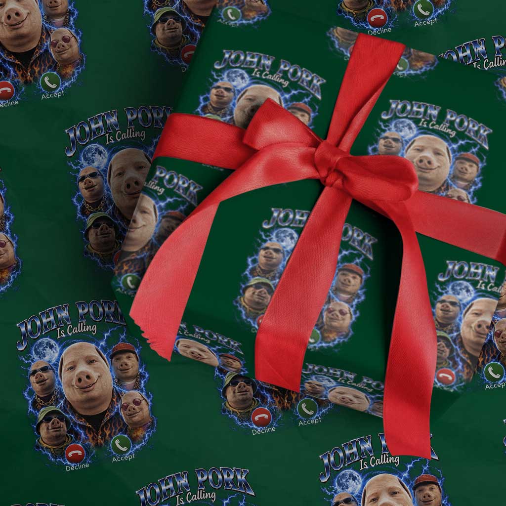 John Pork Calling Wrapping Paper Roll Funny Answer Call Phone Brainrot Meme Vintage Bootleg Graphic TS10 Green Print Your Wear