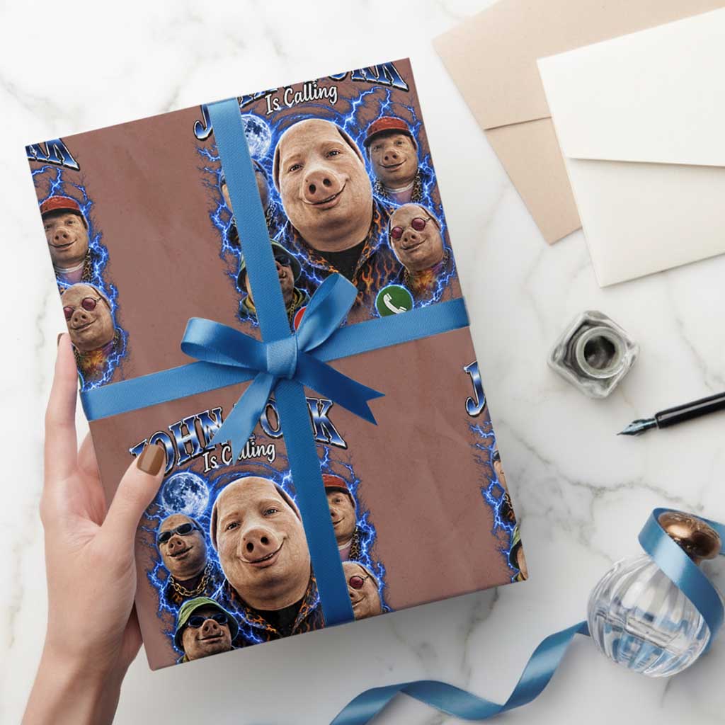 John Pork Calling Wrapping Paper Roll Funny Answer Call Phone Brainrot Meme Vintage Bootleg Graphic