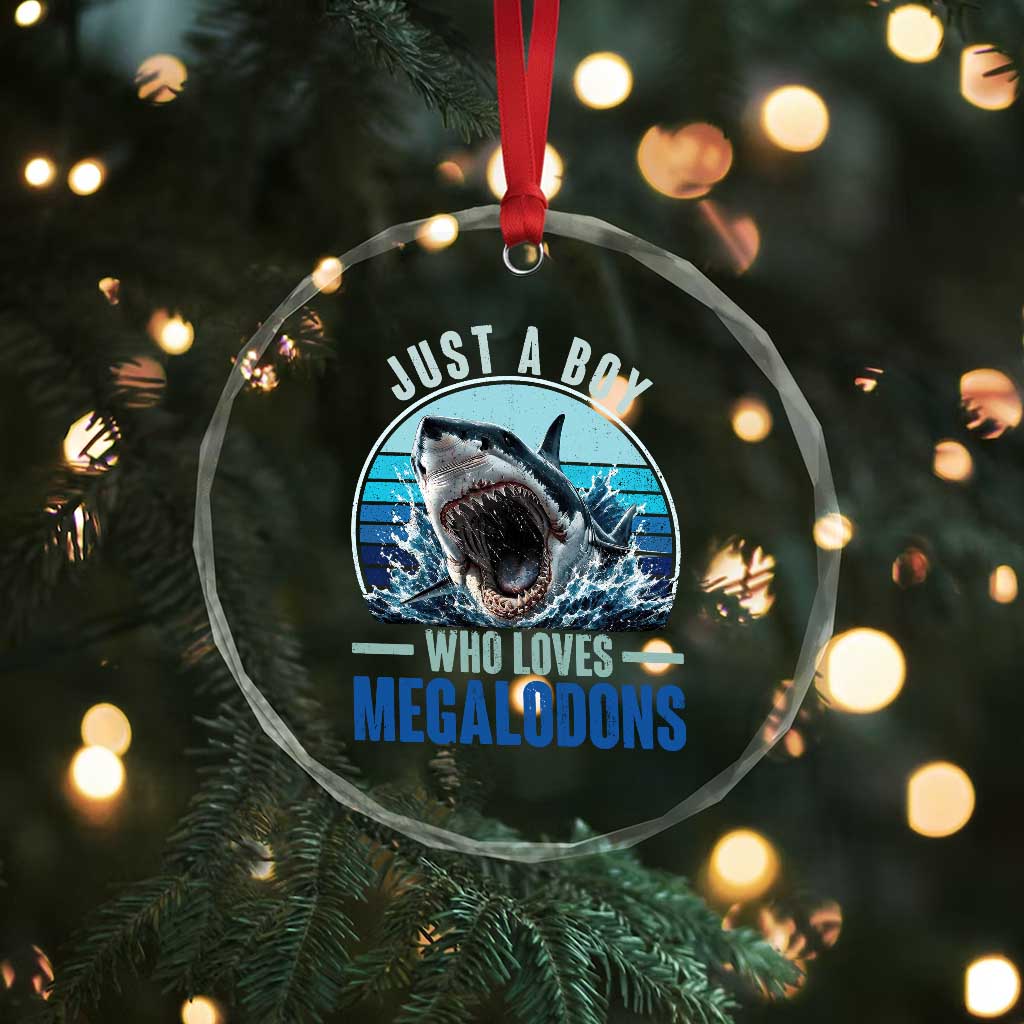 Just A Boy Who Loves Megalodons Crystal Glass Ornament Megalodon Shark Lover Retro Graphic