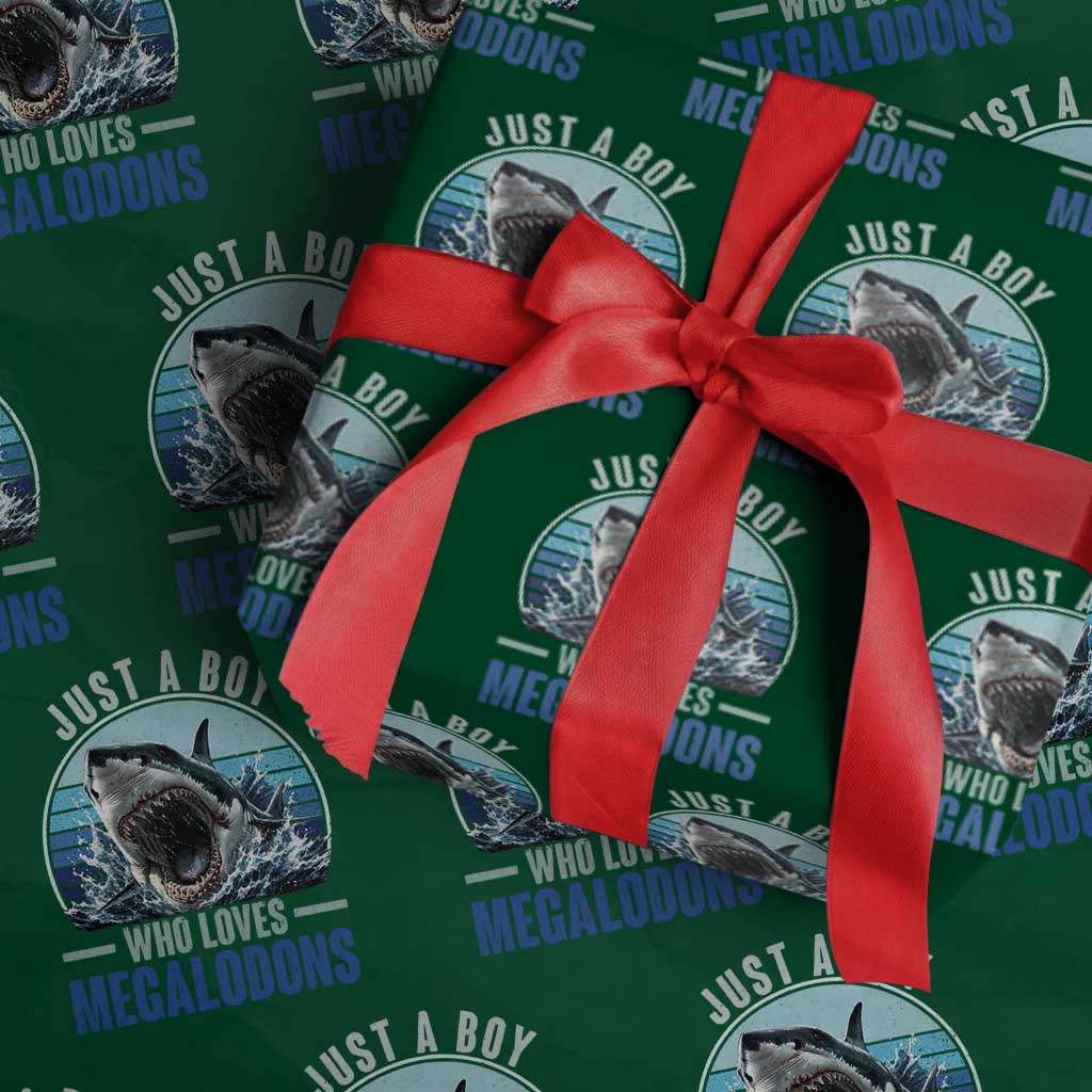Just A Boy Who Loves Megalodons Wrapping Paper Roll Megalodon Shark Lover Retro Graphic