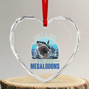 Just A Boy Who Loves Megalodons Heart Crystal Glass Ornament Megalodon Shark Lover Retro Graphic