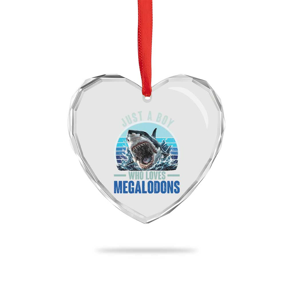 Just A Boy Who Loves Megalodons Heart Crystal Glass Ornament Megalodon Shark Lover Retro Graphic