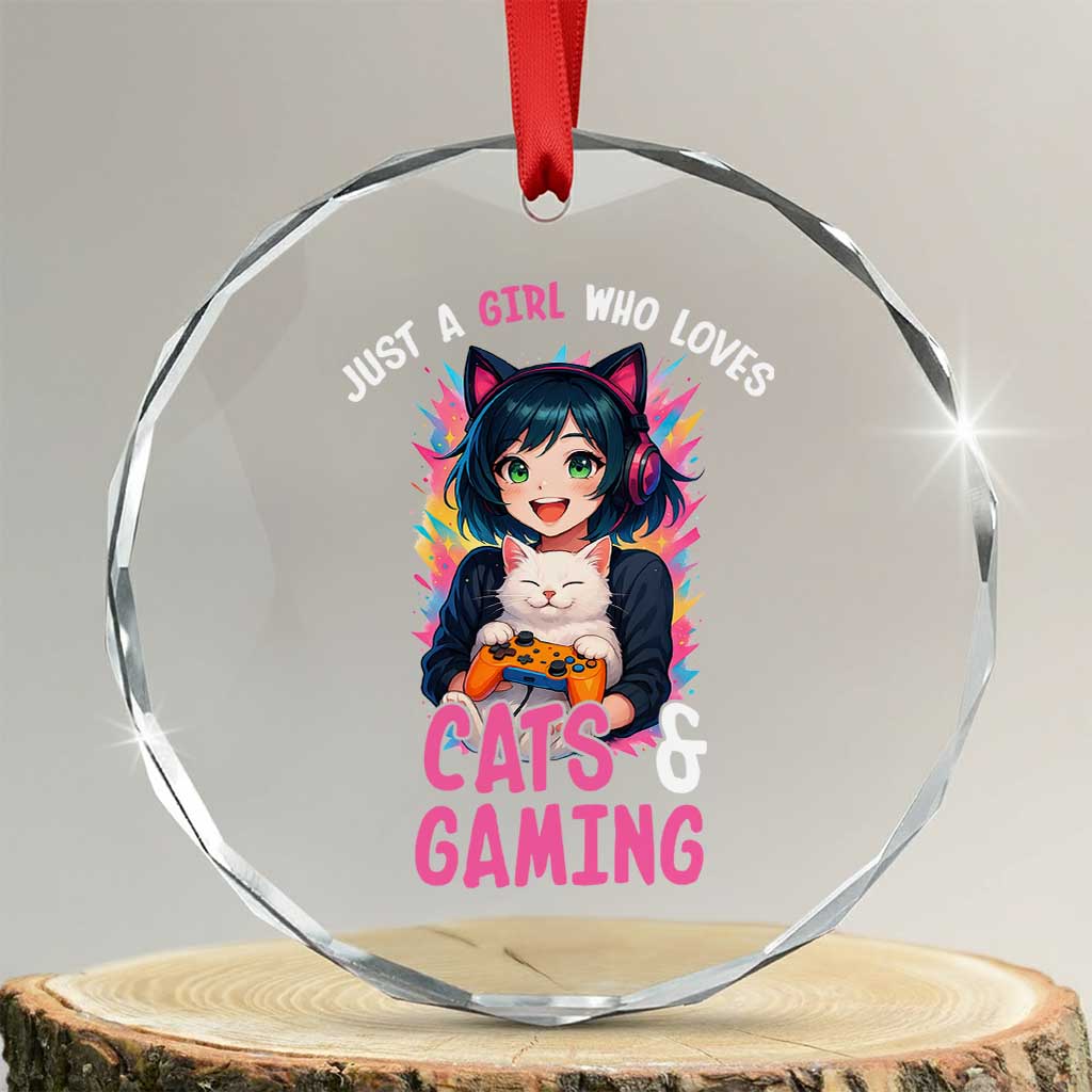 Just A Girl Who Loves Cats And Gaming Crystal Glass Ornament Cute Gamer Gift TS12 Transparent Glass 3'' Circle Print Your Wear