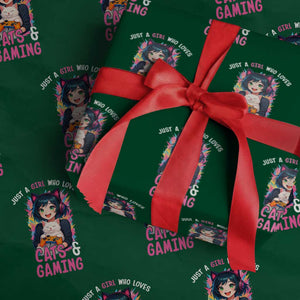 Just A Girl Who Loves Cats And Gaming Wrapping Paper Roll Cute Gamer Gift TS12 Green Print Your Wear
