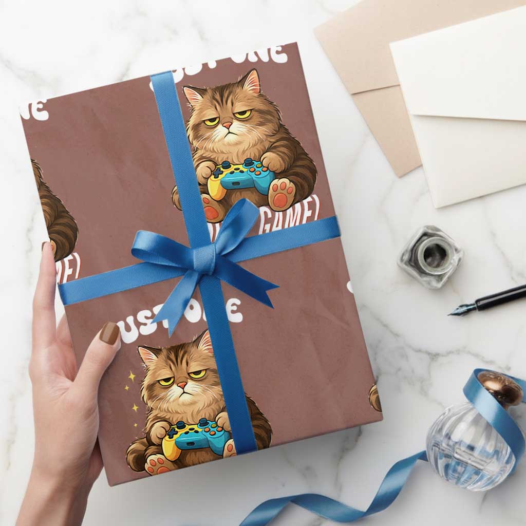 Just One More Game Wrapping Paper Roll Funny Lazy Cat Playing Video Game TS12 Mocha Print Your Wear
