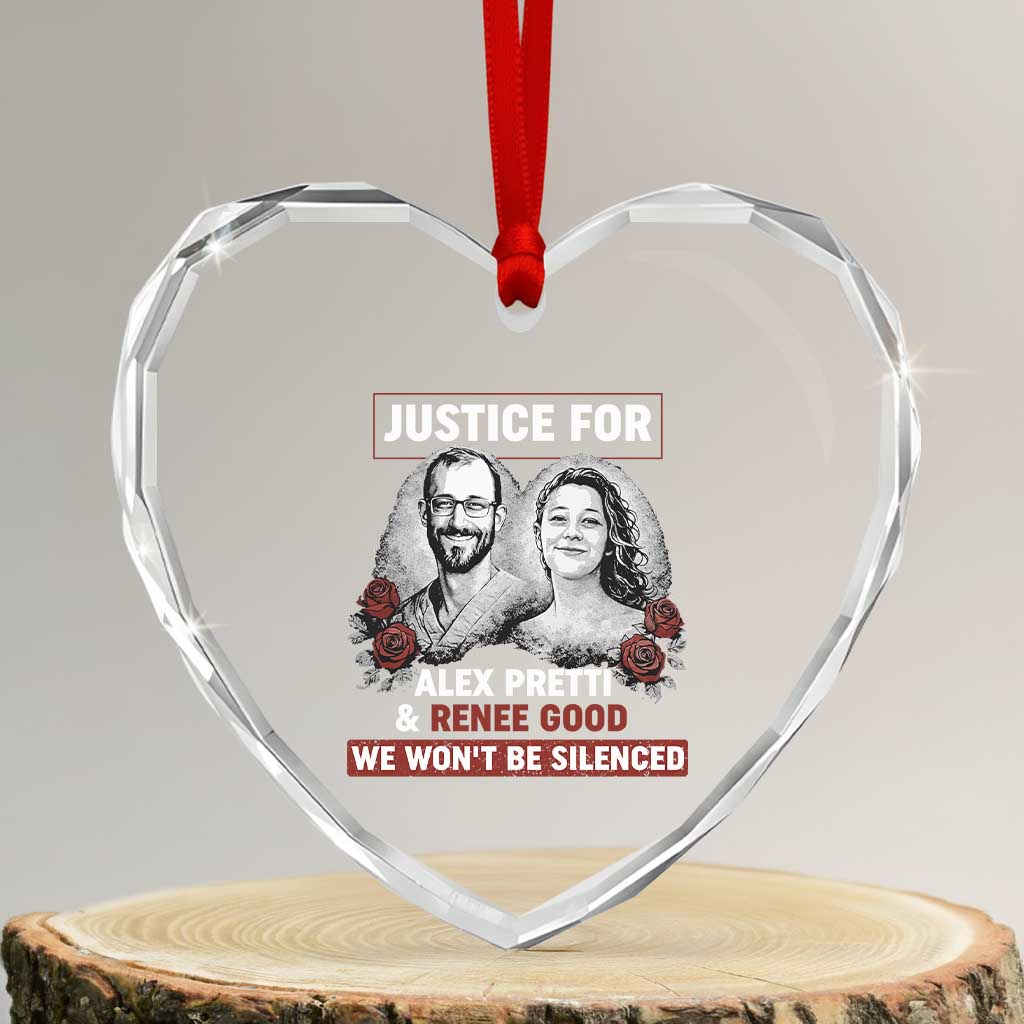 Justice for Alex Pretti and Renee Good Heart Crystal Glass Ornament We Won’t Be Silenced Minnesota Resistance Protest TS02 Transparent Glass 3'' Heart Print Your Wear