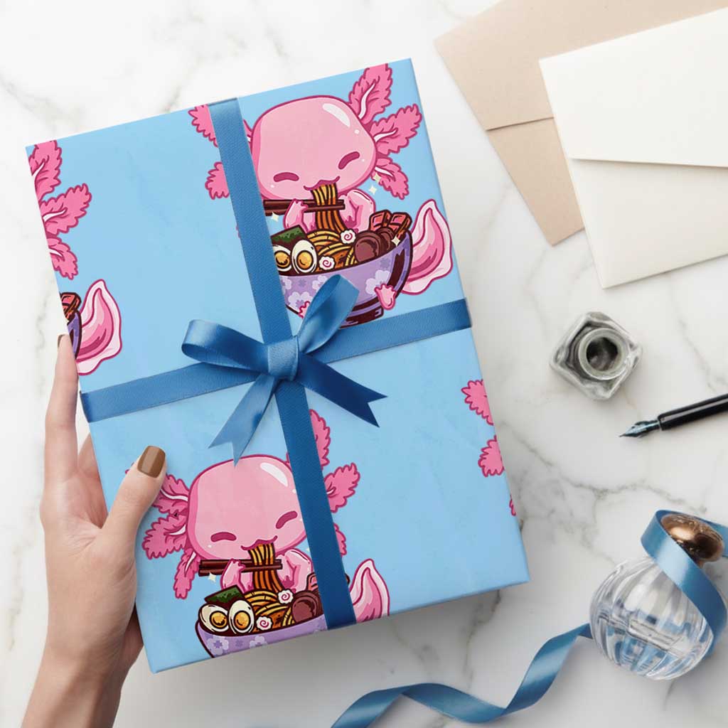 Kawaii Axolotl Eating Ramen Wrapping Paper Roll Japanese Noodles Lover Anime Otaku Manga TS02 Light Blue Print Your Wear