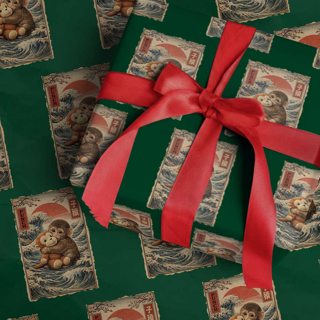 Kawaii Baby Monkey Punch Wrapping Paper Roll Vintage Japanese Graphic Cute Macaque Ukiyo-e TS10 Green Print Your Wear
