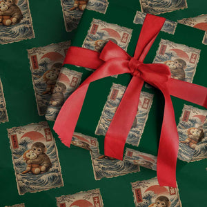 Kawaii Baby Monkey Punch Wrapping Paper Roll Vintage Japanese Graphic Cute Macaque Ukiyo-e TS10 Green Print Your Wear