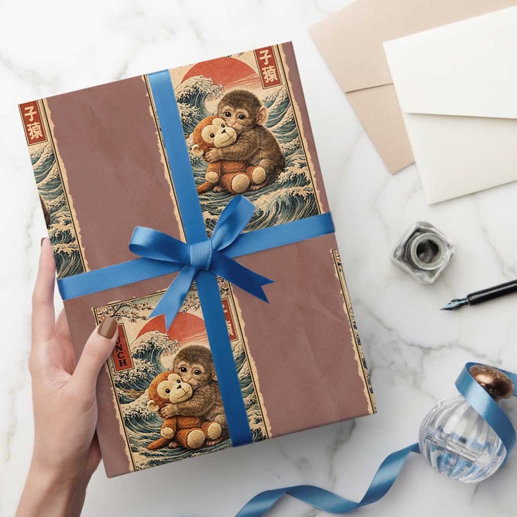 Kawaii Baby Monkey Punch Wrapping Paper Roll Vintage Japanese Graphic Cute Macaque Ukiyo-e TS10 Mocha Print Your Wear