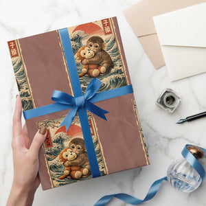 Kawaii Baby Monkey Punch Wrapping Paper Roll Vintage Japanese Graphic Cute Macaque Ukiyo-e TS10 Mocha Print Your Wear