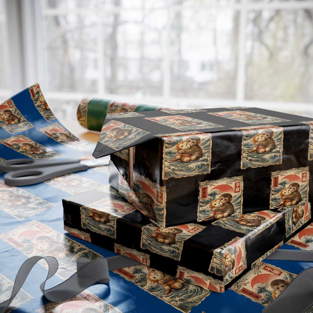 Kawaii Baby Monkey Punch Wrapping Paper Roll Vintage Japanese Graphic Cute Macaque Ukiyo-e TS10 Black Print Your Wear