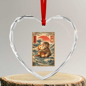 Kawaii Baby Monkey Punch Heart Crystal Glass Ornament Vintage Japanese Graphic Cute Macaque Ukiyo-e TS10 Transparent Glass 3'' Heart Print Your Wear