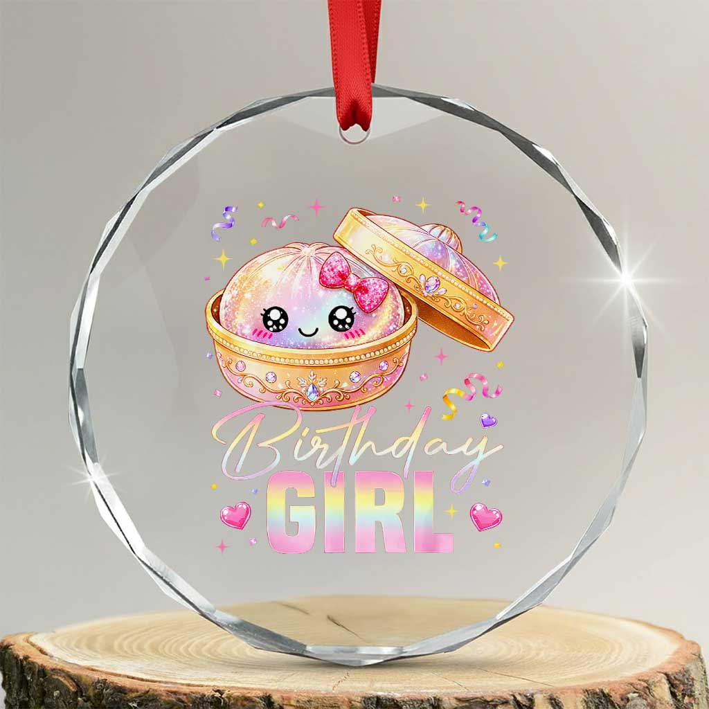 Kawaii Birthday Girl Glitter Dumpling Graphic Crystal Glass Ornament Cute Pink Bow Dim Sum Party Gift TS02 Transparent Glass 3'' Circle Print Your Wear