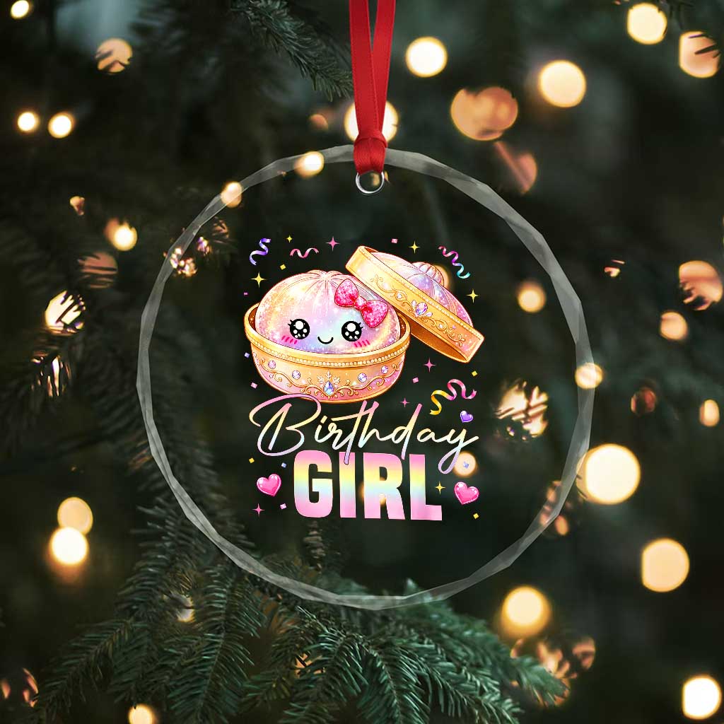 Kawaii Birthday Girl Glitter Dumpling Graphic Crystal Glass Ornament Cute Pink Bow Dim Sum Party Gift