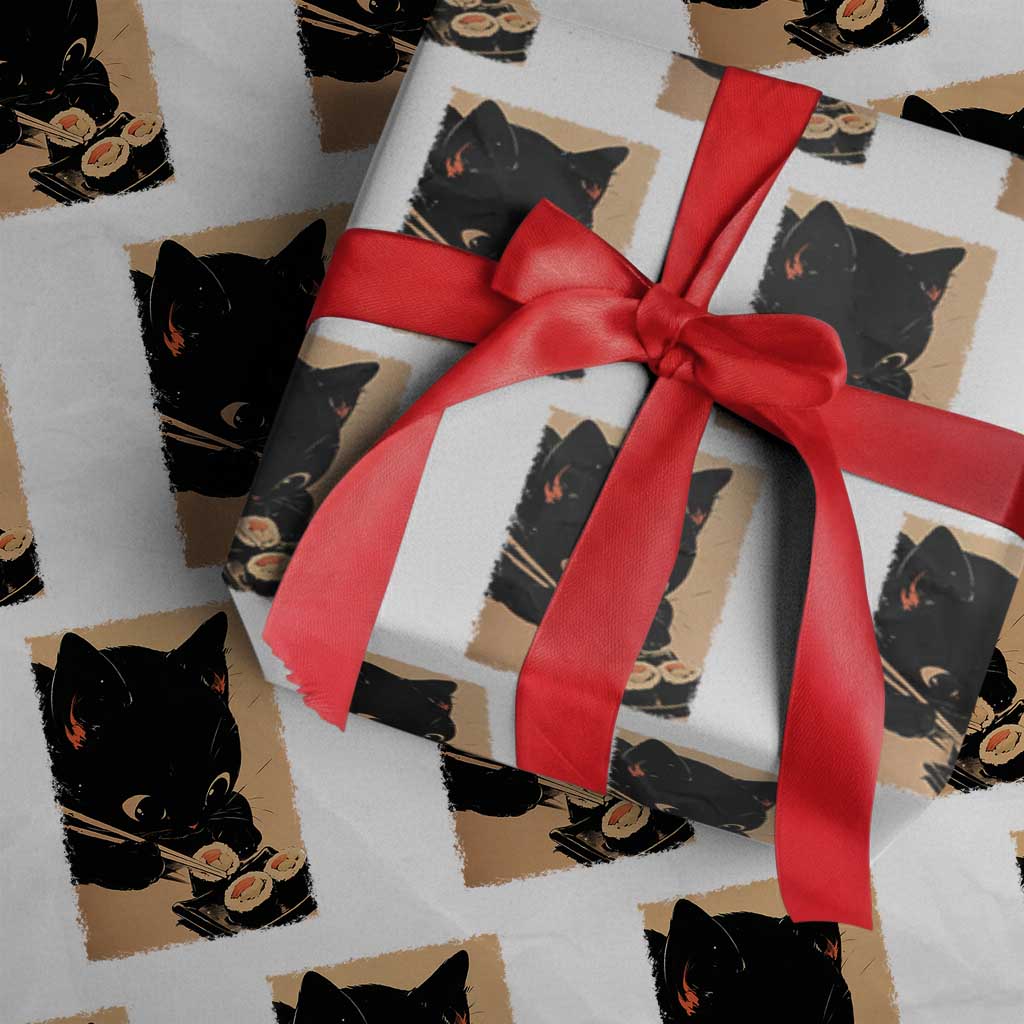 Kawaii Cat Eating Sushi Wrapping Paper Roll Japanese Anime Manga Otaku Retro Vintage Graphic TS02 White Print Your Wear